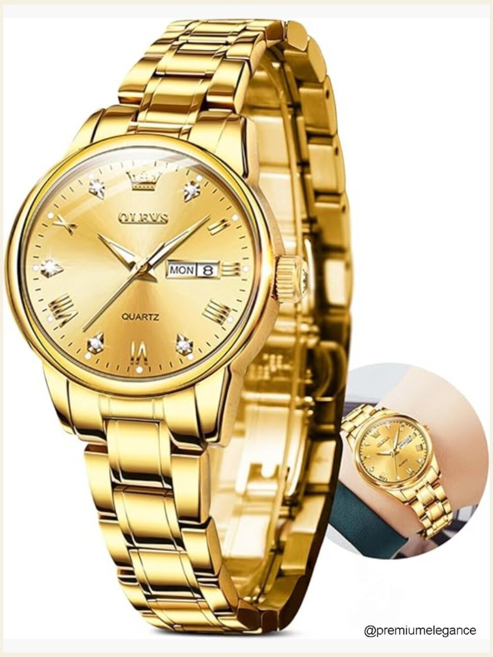 Luxury Day Date Watch Stainless Steel Strap Water Resistant Luminous Women's